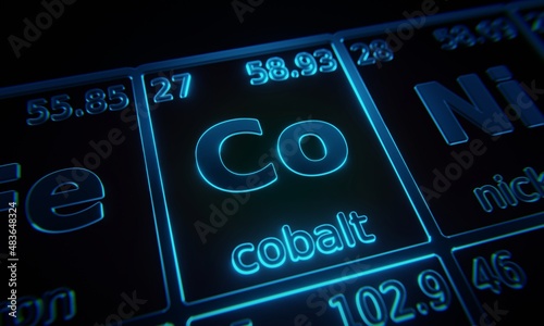 Focus on chemical element Cobalt illuminated in periodic table of elements. 3D rendering