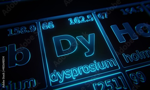 Focus on chemical element Dysprosium illuminated in periodic table of elements. 3D rendering