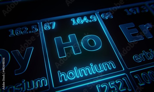 Focus on chemical element Holmium illuminated in periodic table of elements. 3D rendering