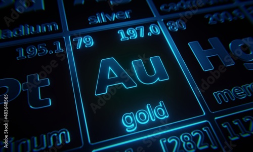 Focus on chemical element Gold illuminated in periodic table of elements. 3D rendering