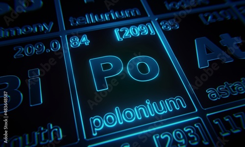 Focus on chemical element Polonium illuminated in periodic table of elements. 3D rendering photo