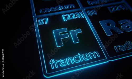 Focus on chemical element Francium illuminated in periodic table of elements. 3D rendering photo