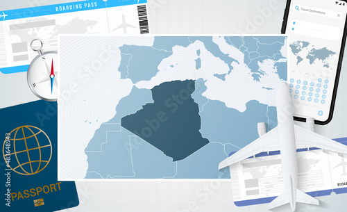 Journey to Algeria, illustration with a map of Algeria. Background with airplane, cell phone, passport, compass and tickets.