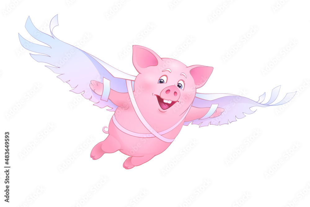 Flying pig. Cartoon painting of idiom 'When pigs fly'. Pink piggy soars like Icarus, spreading homemade paper wings. Funny comic animal character. Isolated vector clipart Flying pig. Cartoon painting of idiom 'When pigs fly'. Pink piggy soars like Icarus, spreading homemade paper wings. Funny comic animal character. Isolated vector clipart
