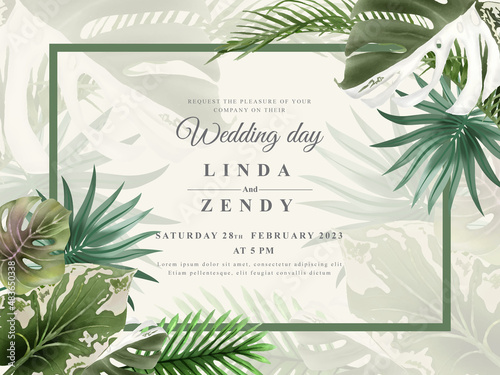 Greenery floral tropical wedding invitation card template