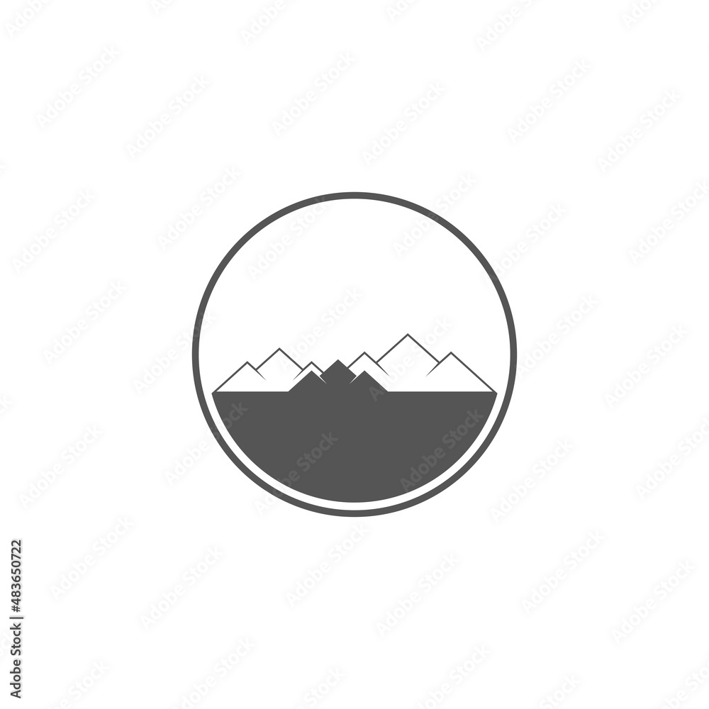 Mountain circle emblem. Hiking badge and outdoor hill travel label. Snow mountains tourism. Flat vector illustration isolated on white background.