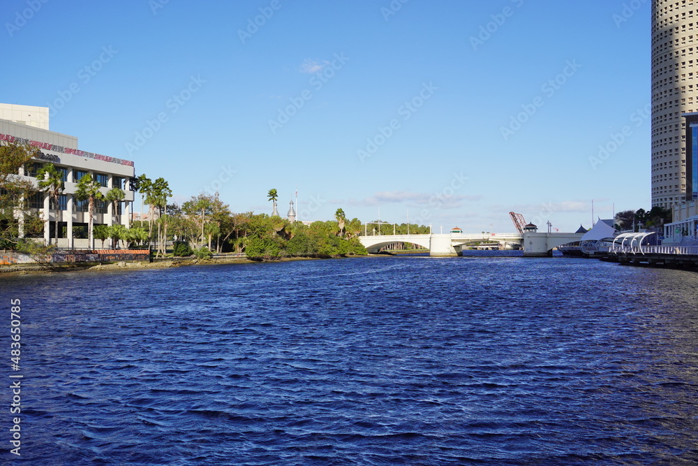 Beautiful Hillsborough River and waterfront building downtown in Tampa, Florida	
