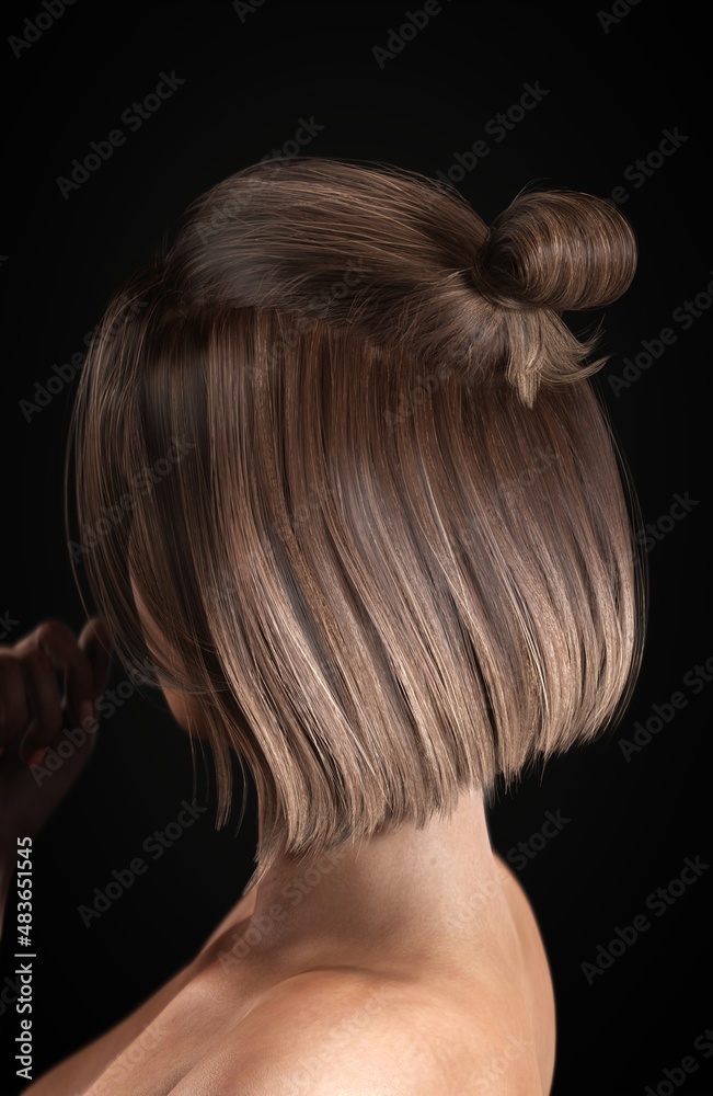 Naklejka premium Portrait of a beautiful posing young brunette woman with salon design hair. Back view. Side view. Thick hair women's fashion. Haircare. 3D rendering.
