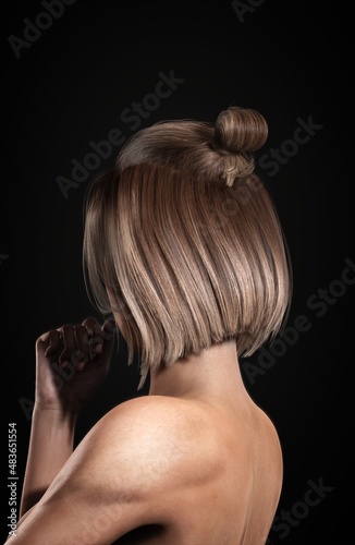Portrait of a beautiful posing young brunette woman with salon design hair. Back view. Side view. Thick hair women's fashion. Haircare. 3D rendering. 