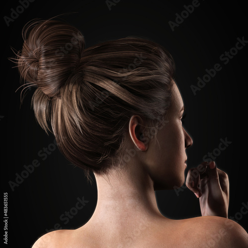 Wallpaper Mural Portrait of a beautiful posing young brunette woman with salon design hair. Back view. Side view. Thick hair women's fashion. Haircare. 3D rendering.
 Torontodigital.ca