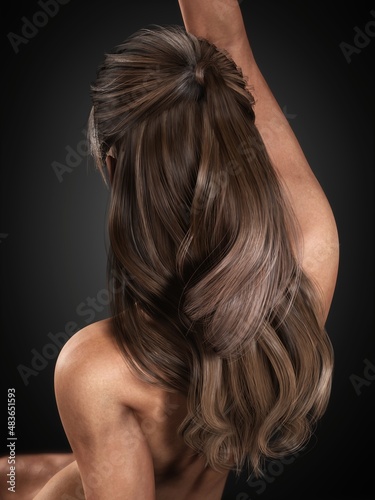 Portrait of a beautiful posing young brunette woman with salon design hair. Back view. Side view. Thick hair women's fashion. Haircare. 3D rendering. 