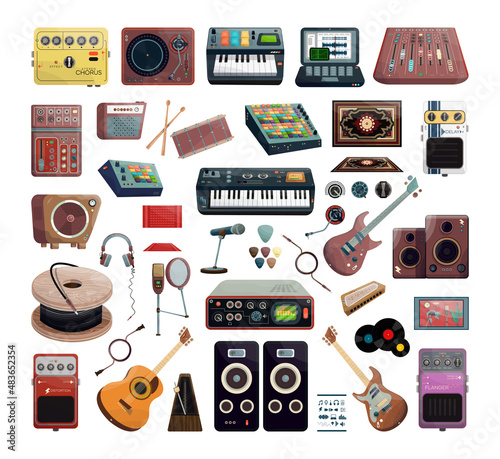 A collection of professional musical equipment for a recording studio. Detailed illustrations in cartoon style.