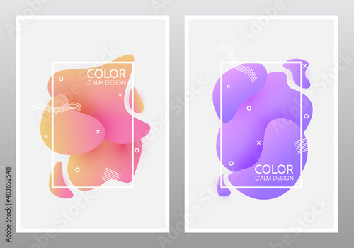 Liquid poster set. Abstract 3d shapes with frame. Color fluid elements with white border. Trendy splashes for presentation, brochure or website. Vector illustration
