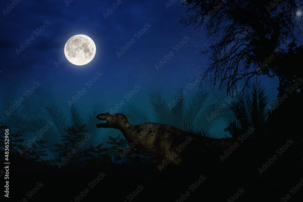 Naklejka premium Collage dinosaur in the jungle at night. Night fantasy landscape with a full moon. .