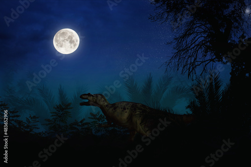 Collage dinosaur in the jungle at night. Night fantasy landscape with a full moon. .