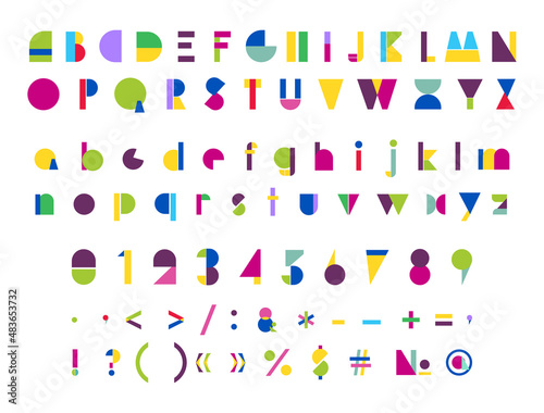 A set of letters, numbers and punctuation marks from geometric shapes in different colors. Modern abstract alphabet.