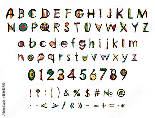 Collection of letters, numbers and punctuation marks with African ornaments. African ethnic font.