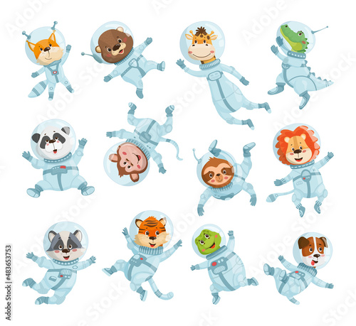 Collection of cartoon animal astronauts in weightlessness. Funny characters in space suits.