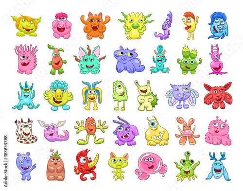 Collection of unusual cute monsters. Fictional quirky characters.