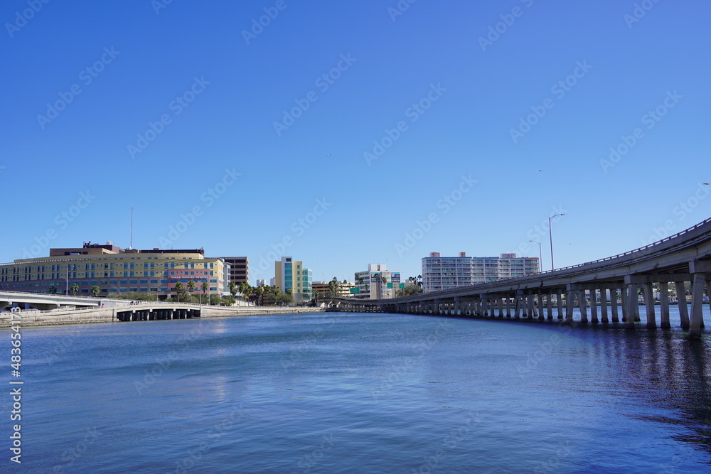 Tampa, FL, USA - 01 19 2022: Beautiful Hillsborough River and waterfront building downtown in Tampa, Florida