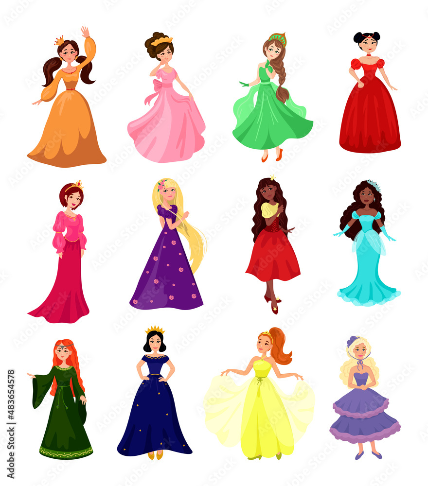 Collection of fabulous young princesses from different countries. Cartoon  characters. Stock Vector | Adobe Stock