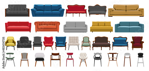 Collection of sofas and armchairs. Detailed furniture illustrations.