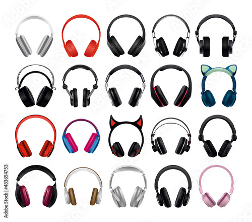 Collection of realistic detailed headphones. Audio devices.