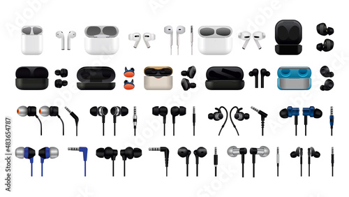 Collection of realistic detailed headphones and cases. Audio devices. Wired and wireless modern earphones.