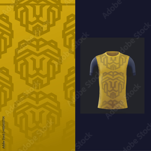 Pattern Soccer jersey and t-shirt sport mockup template, Graphic design for football kit or activewear uniforms. Lion theme with 3d preview photo