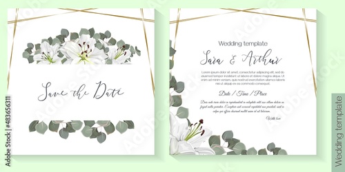 Vector floral template for wedding invitation. White royal lilies, eucalyptus, green plants and leaves.