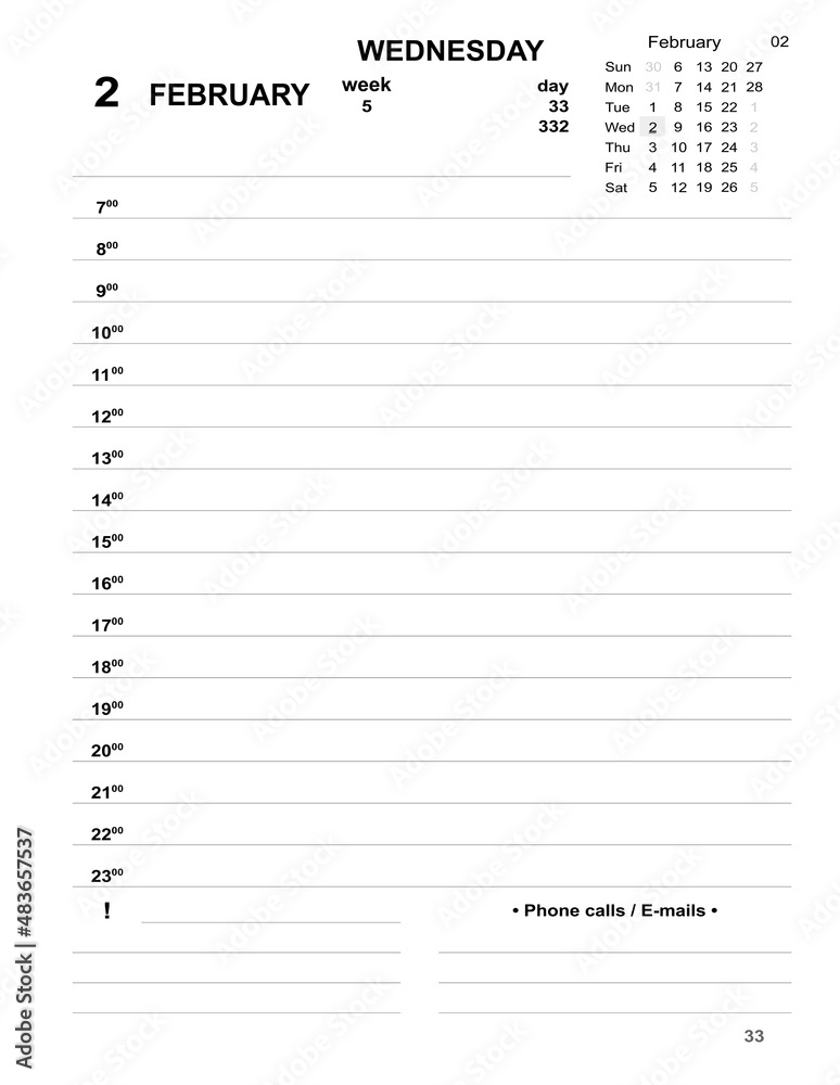 Daily planner for business. February 2022 diary. Calendar 2022 dated template Daily planner for business. February 2022 diary. Calendar 2022 dated template