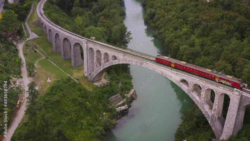 subway train passes through the viaduct river mountains forest aerial drone cinematic footage subway train passes through the viaduct river mountains forest aerial drone cinematic footage