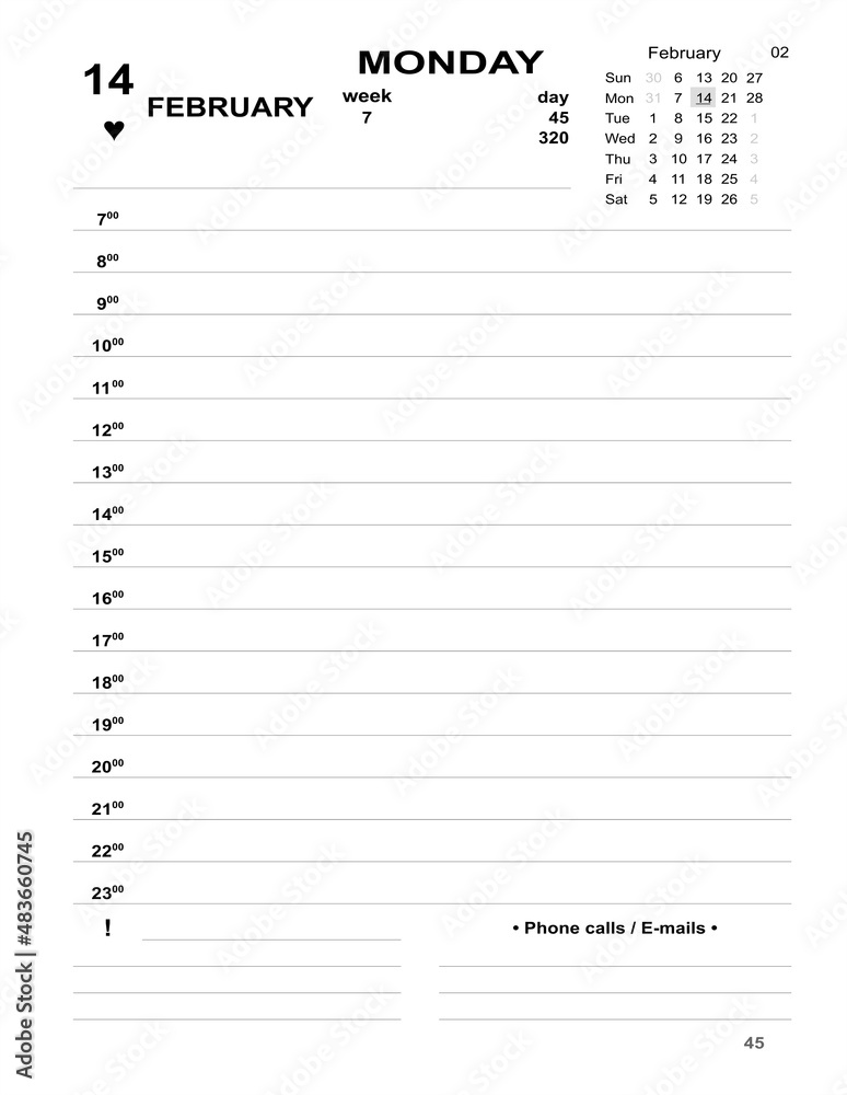 Daily planner for business. February 2022 diary. Calendar 2022 dated template Daily planner for business. February 2022 diary. Calendar 2022 dated template