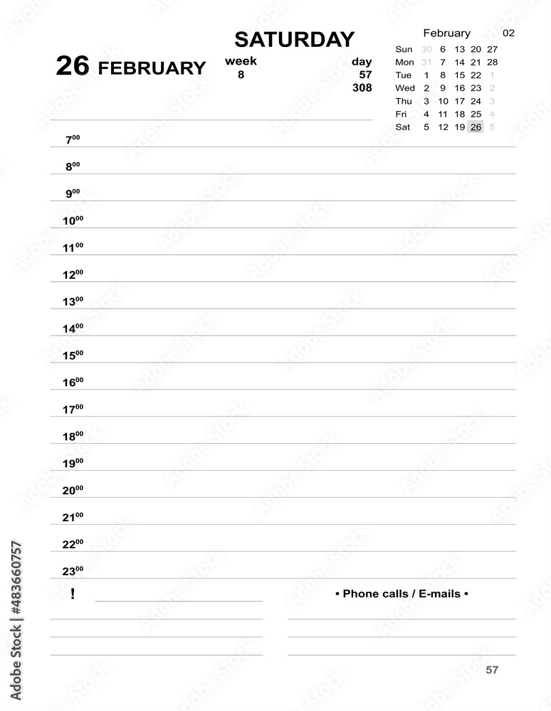 Daily planner for business. 21 February planner daily with cells to fill Daily planner for business. 21 February planner daily with cells to fill