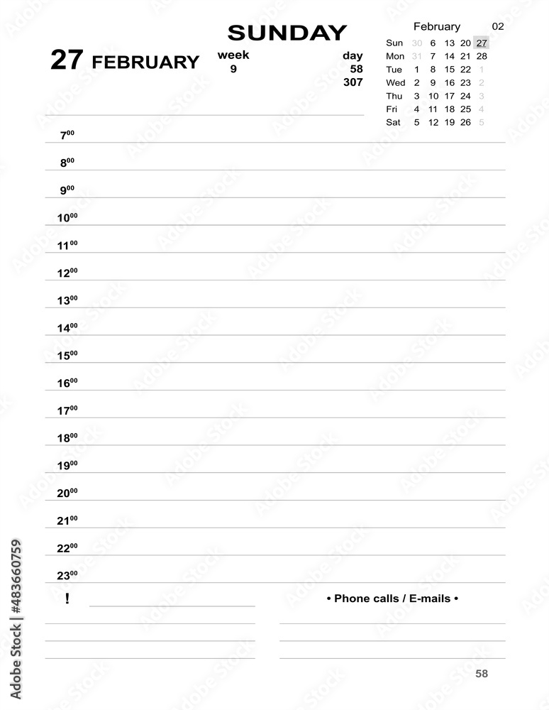 Daily planner for business. 21 February planner daily with cells to fill Daily planner for business. 21 February planner daily with cells to fill