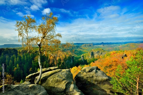 Saxon switzerland fairy tale view from carola rock at noon feather clouds blue sky