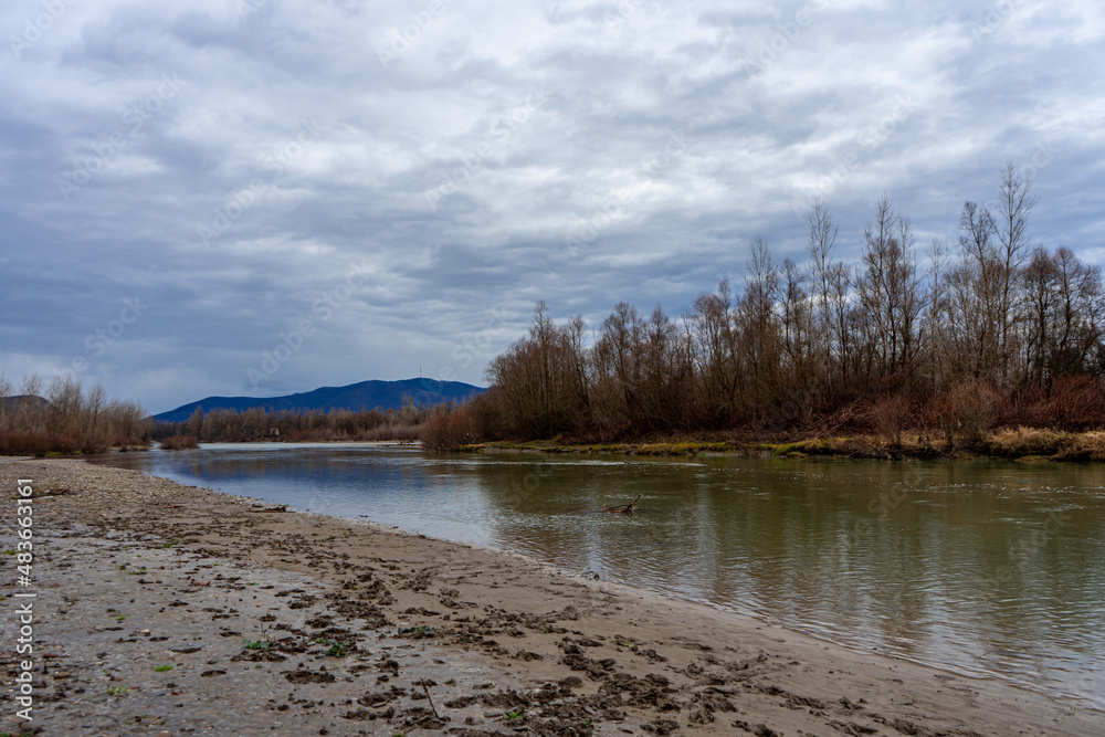 Landscape of Tysa river near Khust, Carpathians mountains 