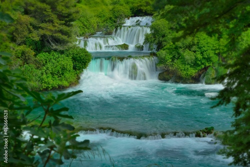 multi-steps Waterfal on Krka river national park in Croatia aquamarine water