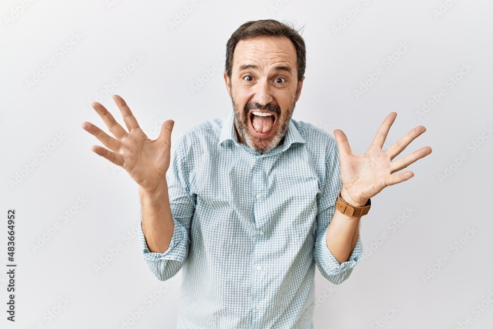 Middle age hispanic man with beard standing over isolated background celebrating crazy and amazed for success with arms raised and open eyes screaming excited. winner concept Middle age hispanic man with beard standing over isolated background celebrating crazy and amazed for success with arms raised and open eyes screaming excited. winner concept
