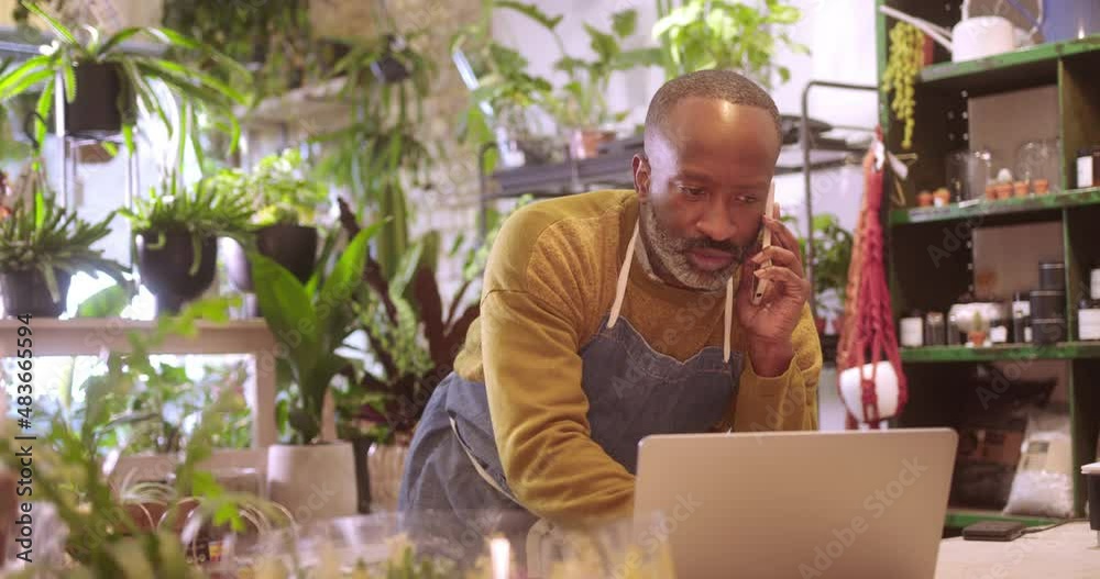 Male Small Business Owner Working on Laptop in Plant Store and Talking on Phone Male Small Business Owner Working on Laptop in Plant Store and Talking on Phone
