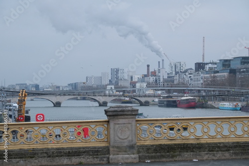 The Seine river in the east of Paris and the Chimneys of Ivry sur Seine. The 28th January 2022, Paris, France. photo