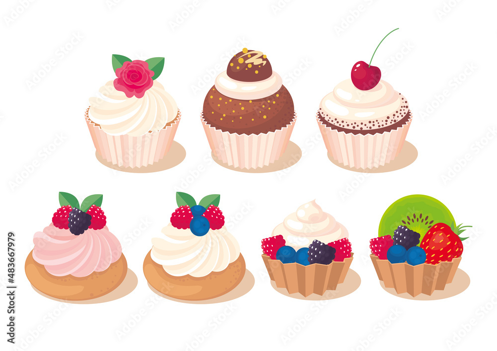 Set of cakes, tartlets with fruits, cupcakes decorated with cream, rose, cherry. Party sweet snack, delicious backery. Vector illustartion, icon, simbol, object. Isolated on white Set of cakes, tartlets with fruits, cupcakes decorated with cream, rose, cherry. Party sweet snack, delicious backery. Vector illustartion, icon, simbol, object. Isolated on white