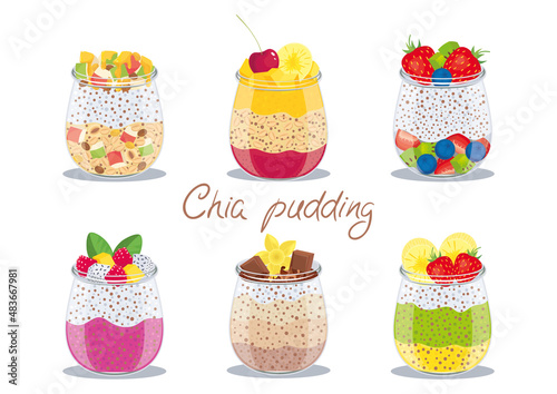 Set of Chia pudding layered with aplles, overnight oats, cherry, mango, strawberry, blueberry, kiwi, tiramisu, dragon fruit, matcha in glass jar. Isolated. Delicious dessert, healthy usefull breakfast