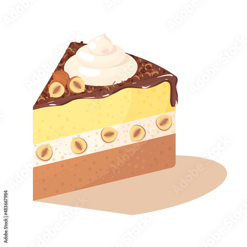 Meringue, biscuit, hazelnut cake covered with chocolate cream topped with nuts and wipped cream isolated. Vector illustartion, icon, simbol, object