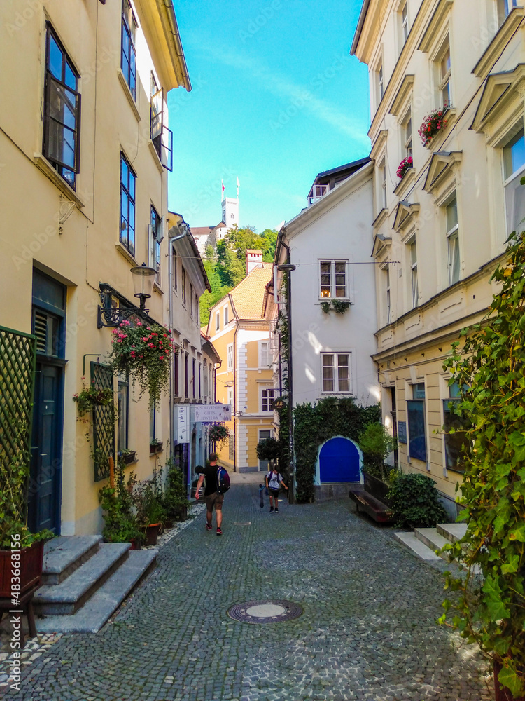 Beautiful historical street with colorful houses in Ljubljana city center, Slovenia