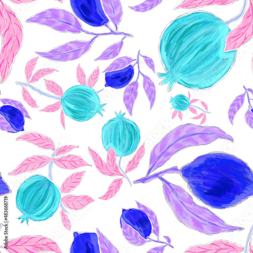 Creative seamless pattern with pomegranate. Oil paint effect. Bright summer print. Great design for any purposes
