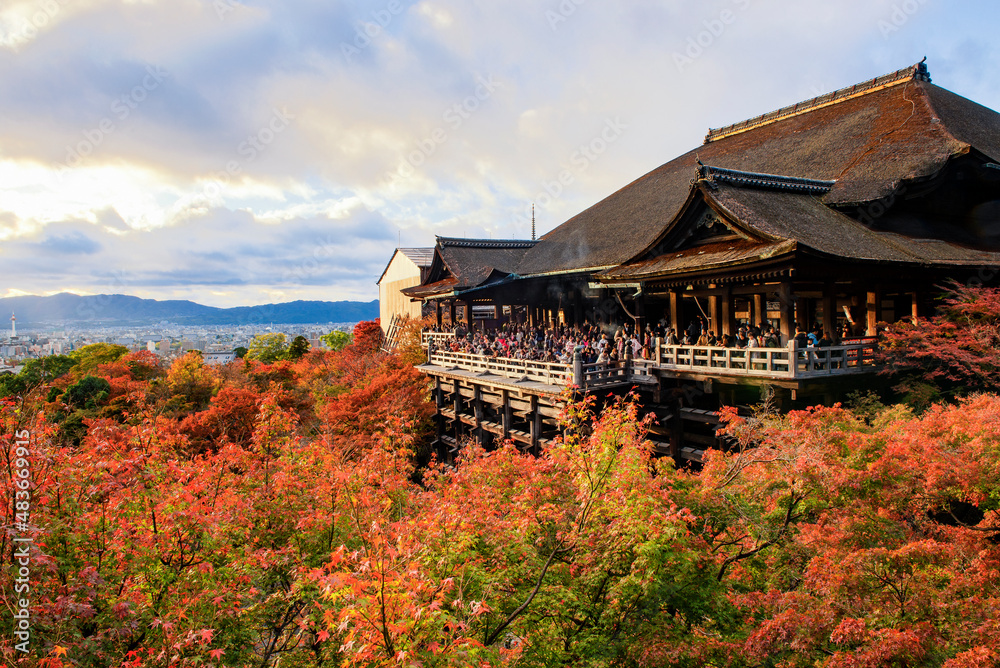 Tourist on the main wooden pavilion of Kiyomizudera Temple in Autumn, Kyoto, Japan Tourist on the main wooden pavilion of Kiyomizudera Temple in Autumn, Kyoto, Japan