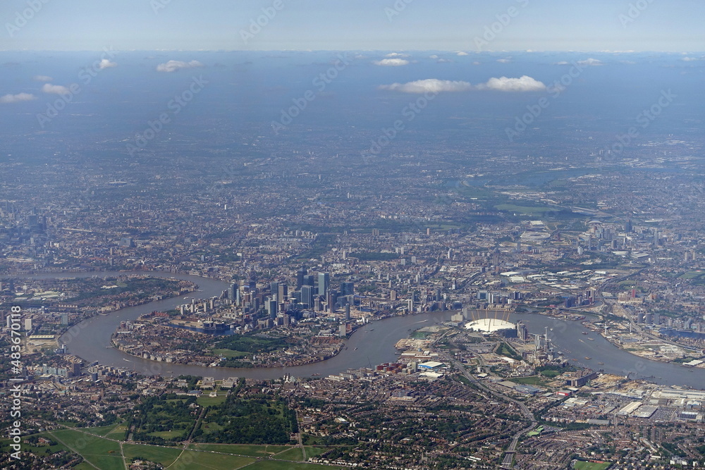 Aerial View of London with the River Thames and the British Capital's Central Business District