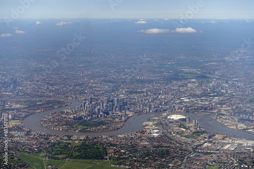 Aerial View of London with the River Thames and the British Capital's Central Business District