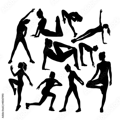 Woman doing workout silhouettes. Good use for symbol, logo, icon, mascot, sign or any design you want.
